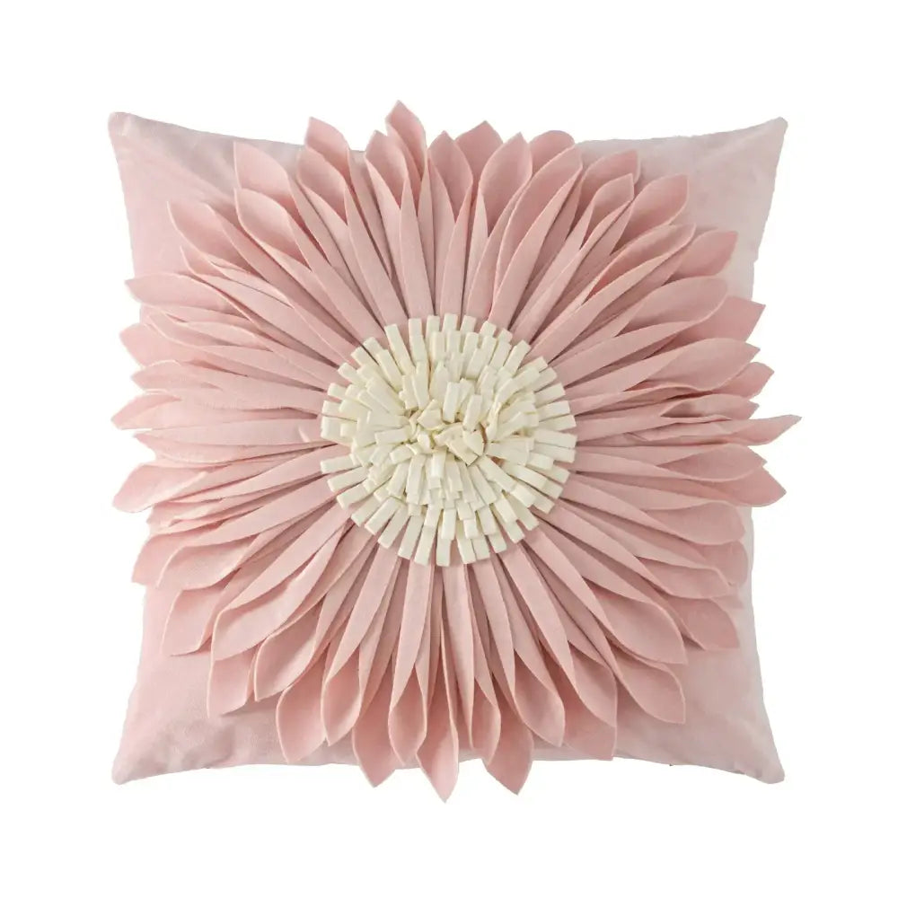 A soft pink decorbites handmade flower cushion cover with layered petals and cream center for living room decor