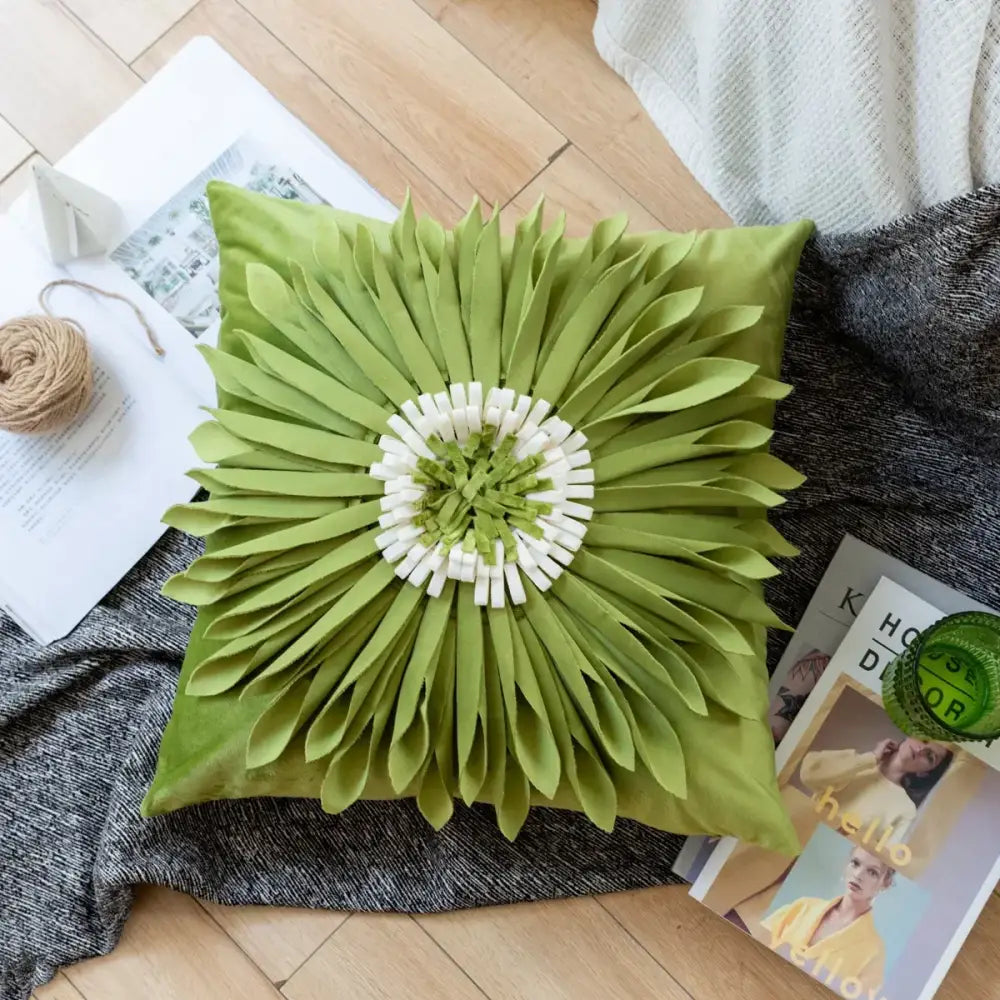 Olive green decorbites handmade flower cushion cover with 3d fabric petals and white center accents for living room decor