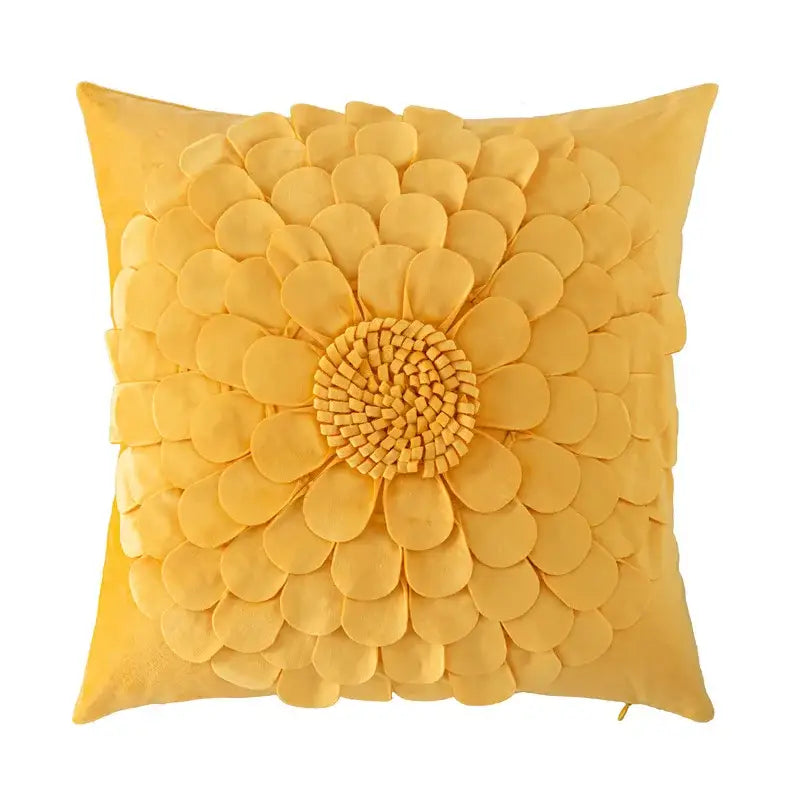 A vibrant yellow velvet cushion cover with a handmade flower design for living room decor by Decorbites handmade flower