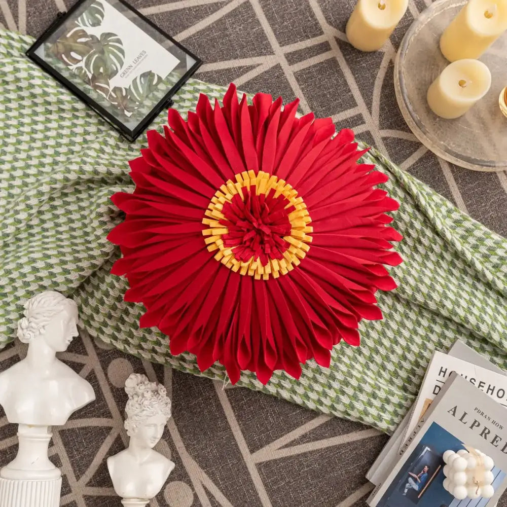Vibrant red and yellow fabric handmade flower cushion with olive green cover for decorbites living room decorbites handmade flower cushion