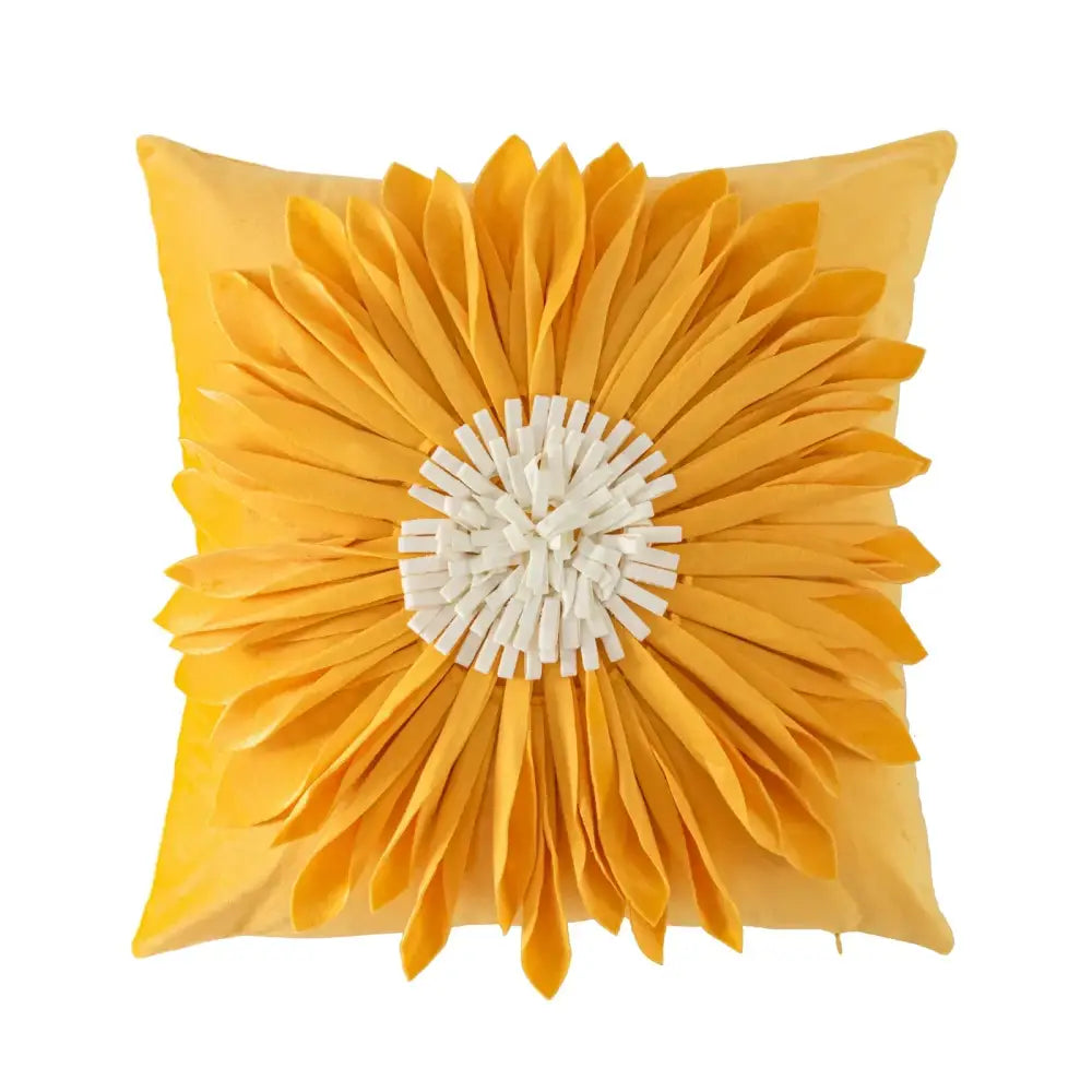Olive green handmade flower cushion cover with vibrant yellow sunflower fabric petals and white center decorbites handmade flower decor