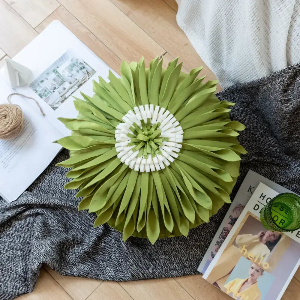 Olive green decorbites handmade flower cushion cover with layered fabric petals and white center for living room decor