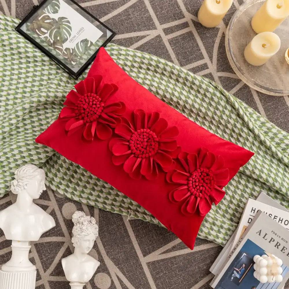 Vibrant red velvet handmade flower cushion with three dimensional floral appliqués for decorbites cushion cover decor