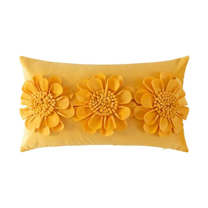 Yellow rectangular handmade flower cushion cover with three-dimensional floral appliqués for living room decorbites decor