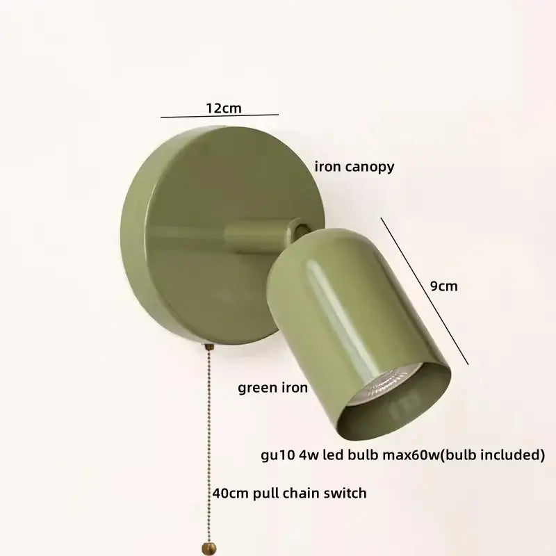 Olive green metal led wall sconce with pull chain switch mounted on iron wall for stairwell decorbites led wall spotlight