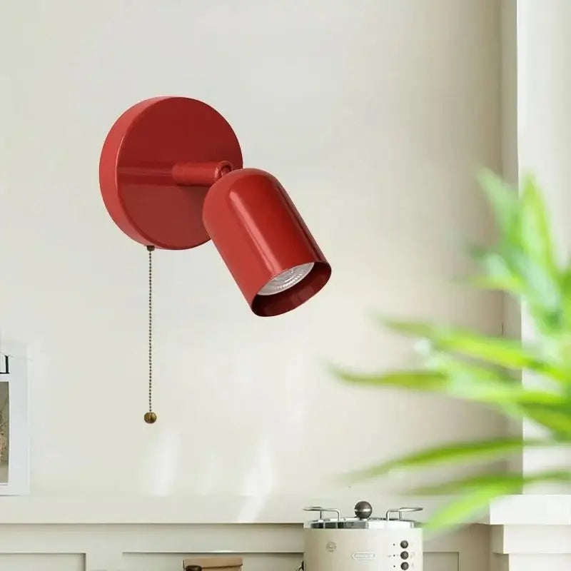 Red matte-finished metal wall sconce with pull-chain switch ideal for stairwell decorbites led wall sconce