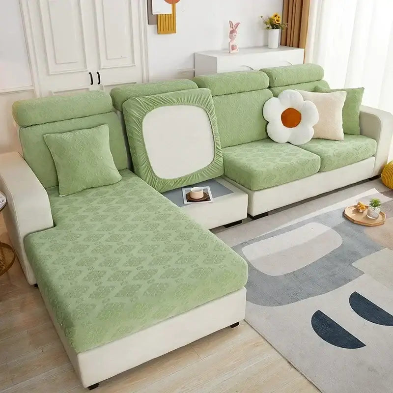 Olive green patterned jacquard sofa seat cover with elastic edges and white square accent for living room protector