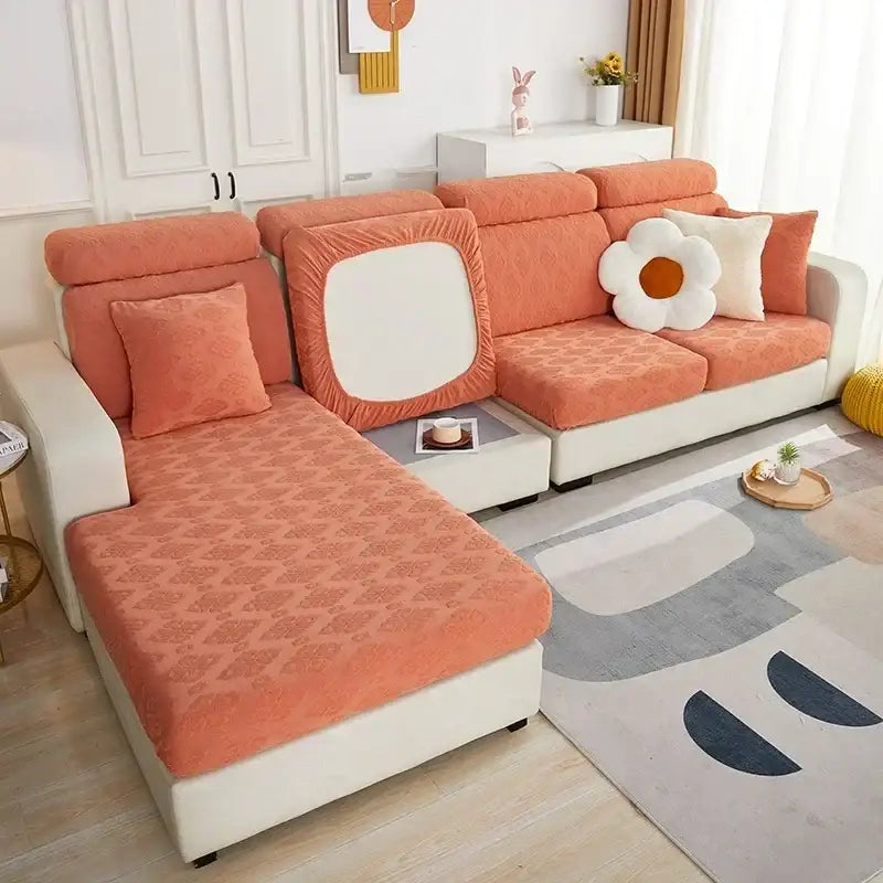 Coral-colored patterned fabric sofa seat cover with white square accent for olive green jacquard living room protector