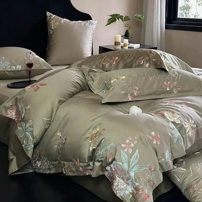 Olive green satin bedding set with delicate pink gold and light blue cotton flowers embroidery for bedroom use