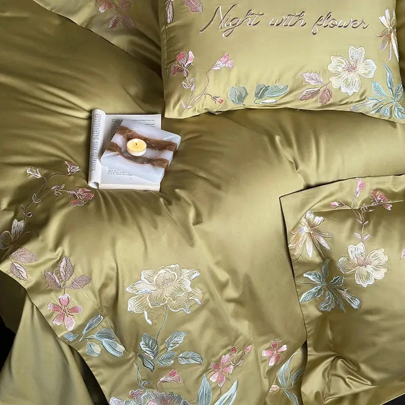 Olive green satin bedding set with delicate cotton flowers embroidery in pink white and teal hues for bedroom use