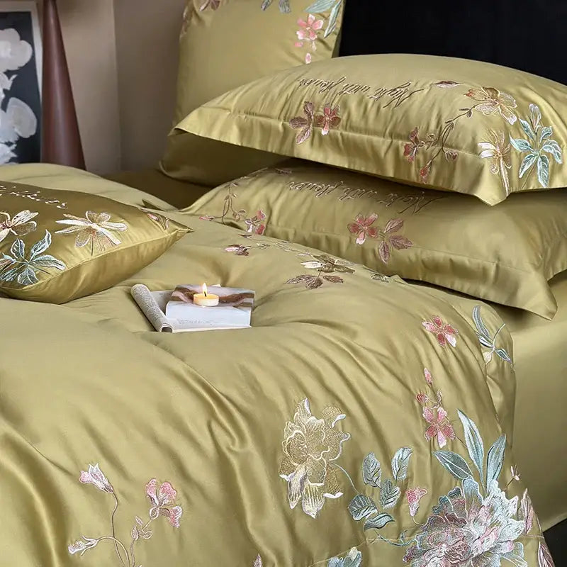 Olive green satin cotton flowers embroidery bedding set with intricate pink white and teal floral designs for bedroom use