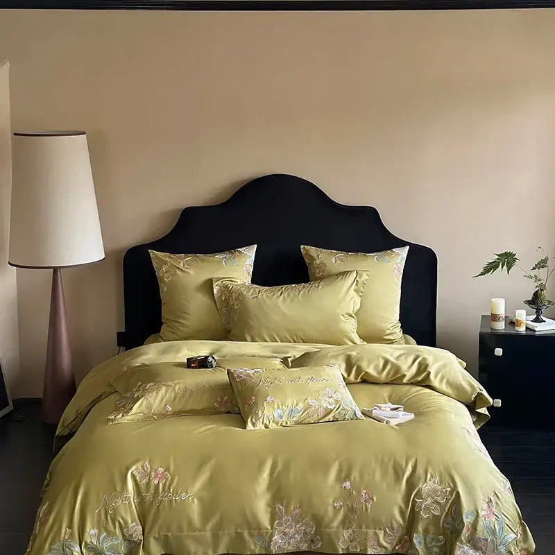 Olive green satin cotton bedding set with floral cotton flowers embroidery featuring pastel blossoms and gold thread detailing