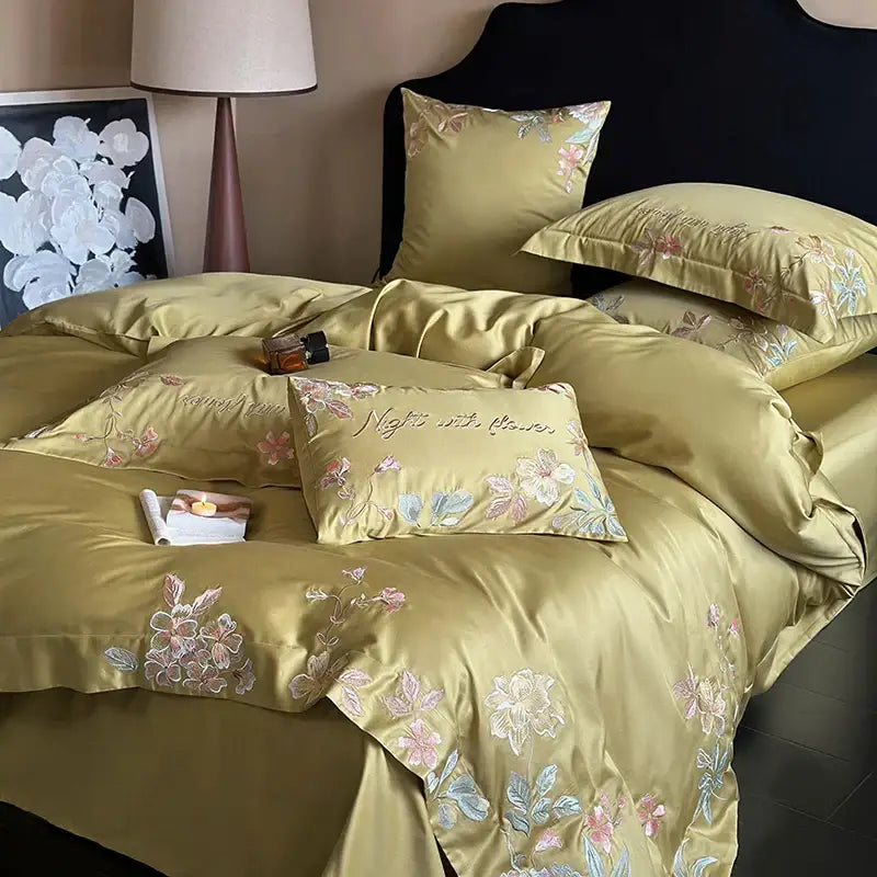 Olive green satin bedding set with delicate pink and light blue cotton flowers embroidery for bedroom use