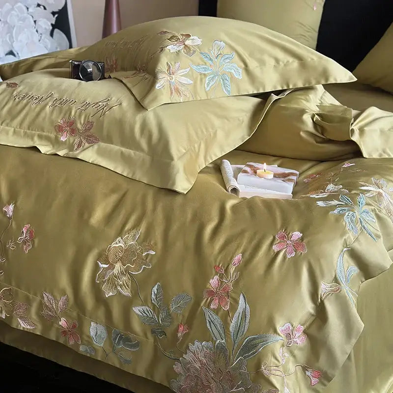 Olive green satin cotton bedding set with intricate pink gold and silver cotton flowers embroidery for bedroom use