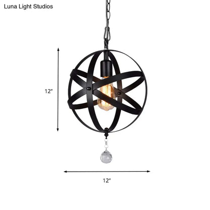 One Light Strap Globe Pendant Industrial Black Metal Ceiling Light with/without Crystal Ball