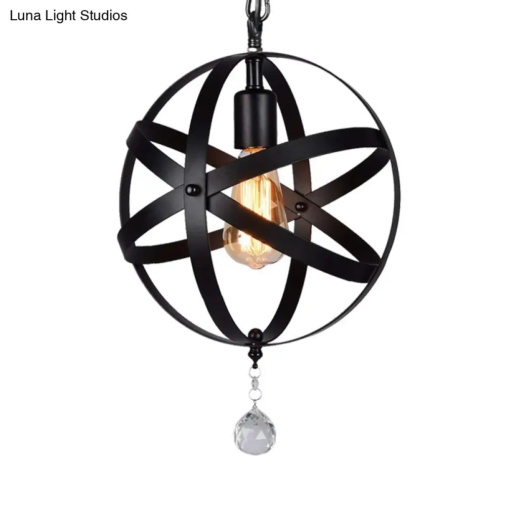 One Light Strap Globe Pendant Industrial Black Metal Ceiling Light with/without Crystal Ball