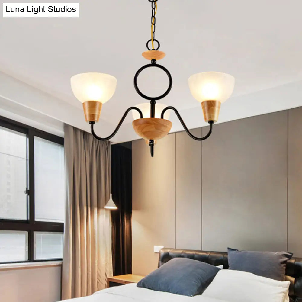 Opal Frosted Glass Bowl Chandelier with Nordic Wood and Black Ceiling Light for Bedroom