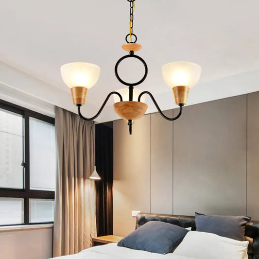 Opal Frosted Glass Bowl Chandelier with Nordic Wood and Black Ceiling Light for Bedroom