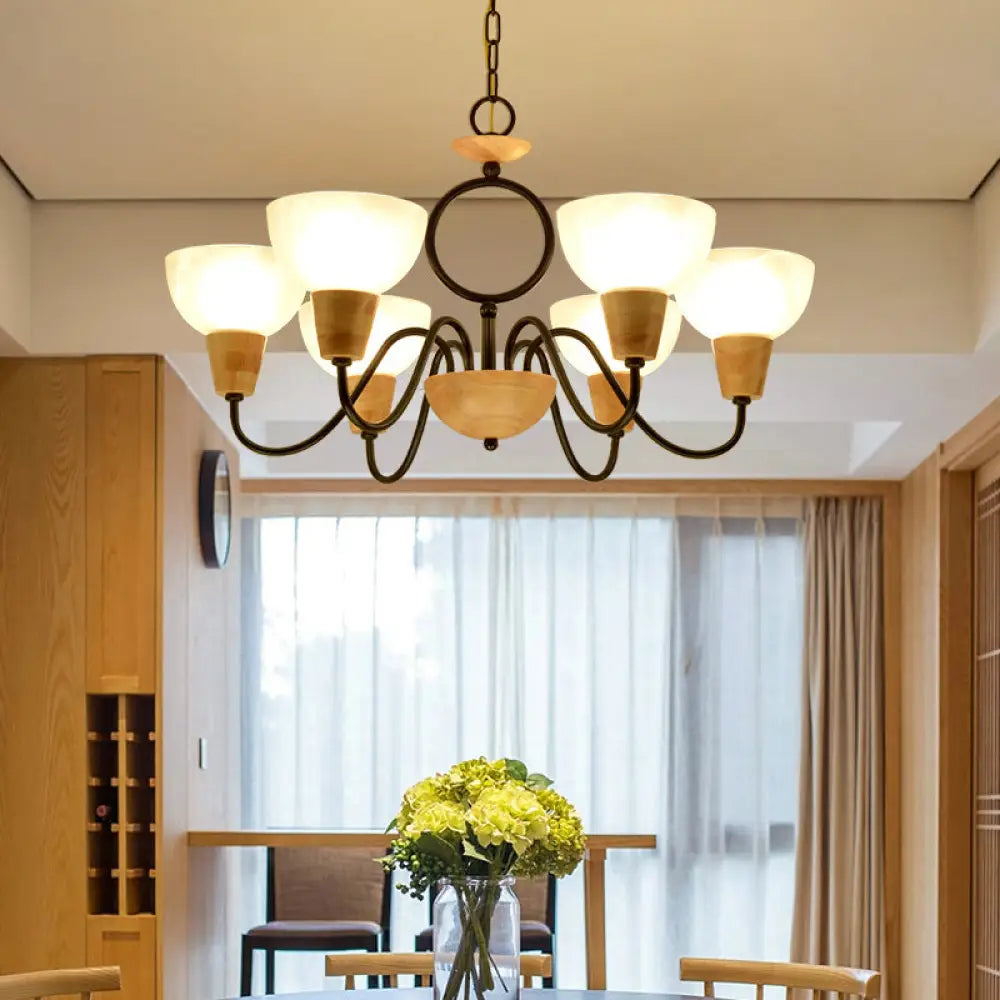 Opal Frosted Glass Bowl Chandelier with Nordic Wood and Black Ceiling Light for Bedroom