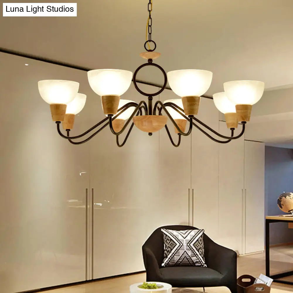 Opal Frosted Glass Bowl Chandelier with Nordic Wood and Black Ceiling Light for Bedroom