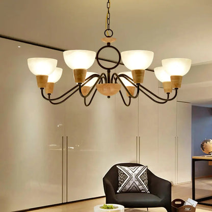 Opal Frosted Glass Bowl Chandelier with Nordic Wood and Black Ceiling Light for Bedroom