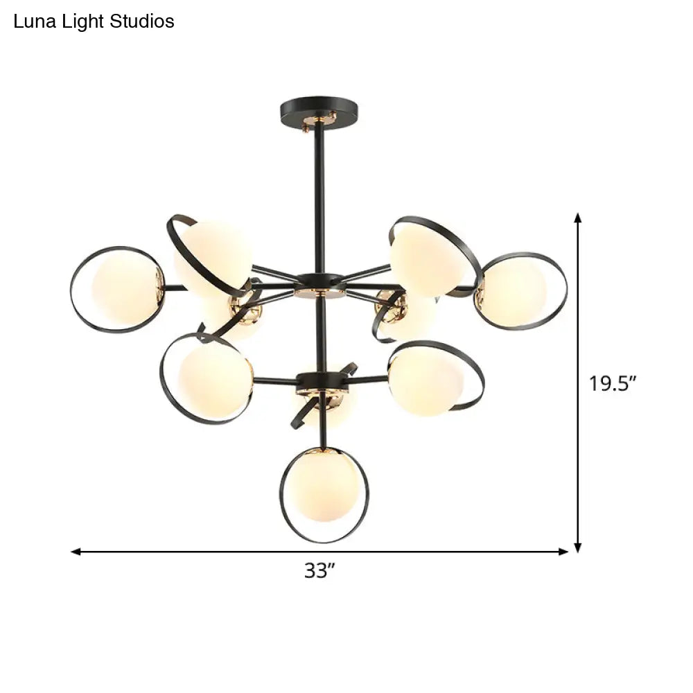 Lámpara de araña colgante Modo de 3 niveles en cristal opalino - Lámpara colgante moderna negra de 10 luces con detalle de anillo