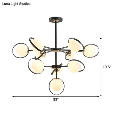 Lámpara de araña colgante Modo de 3 niveles en cristal opalino - Lámpara colgante moderna negra de 10 luces con detalle de anillo