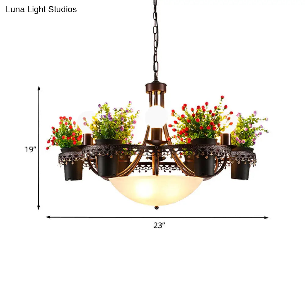 Opal Glass 9-Bulb Pendant Light with Black Bowl Design and Potted Plant