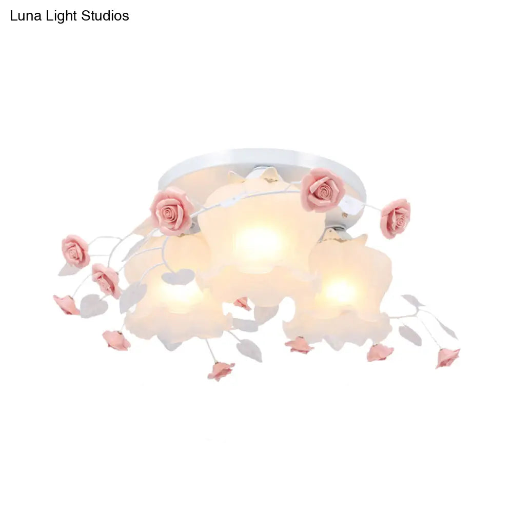 DecorBites™ DecorBites™ Opal Glass Bloom Ceiling Light - Countryside 3-Head Flush Mount Fixture (White/Green)