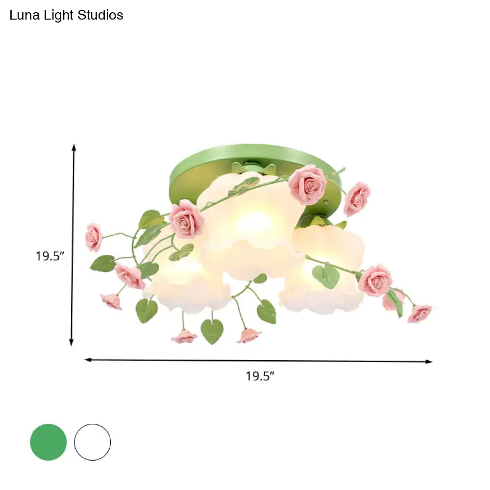 DecorBites™ DecorBites™ Opal Glass Bloom Ceiling Light - Countryside 3-Head Flush Mount Fixture (White/Green)