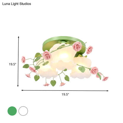 DecorBites™ DecorBites™ Opal Glass Bloom Ceiling Light - Countryside 3-Head Flush Mount Fixture (White/Green)