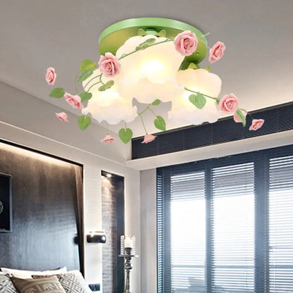 DecorBites™ DecorBites™ Opal Glass Bloom Ceiling Light - Countryside 3-Head Flush Mount Fixture (White/Green)