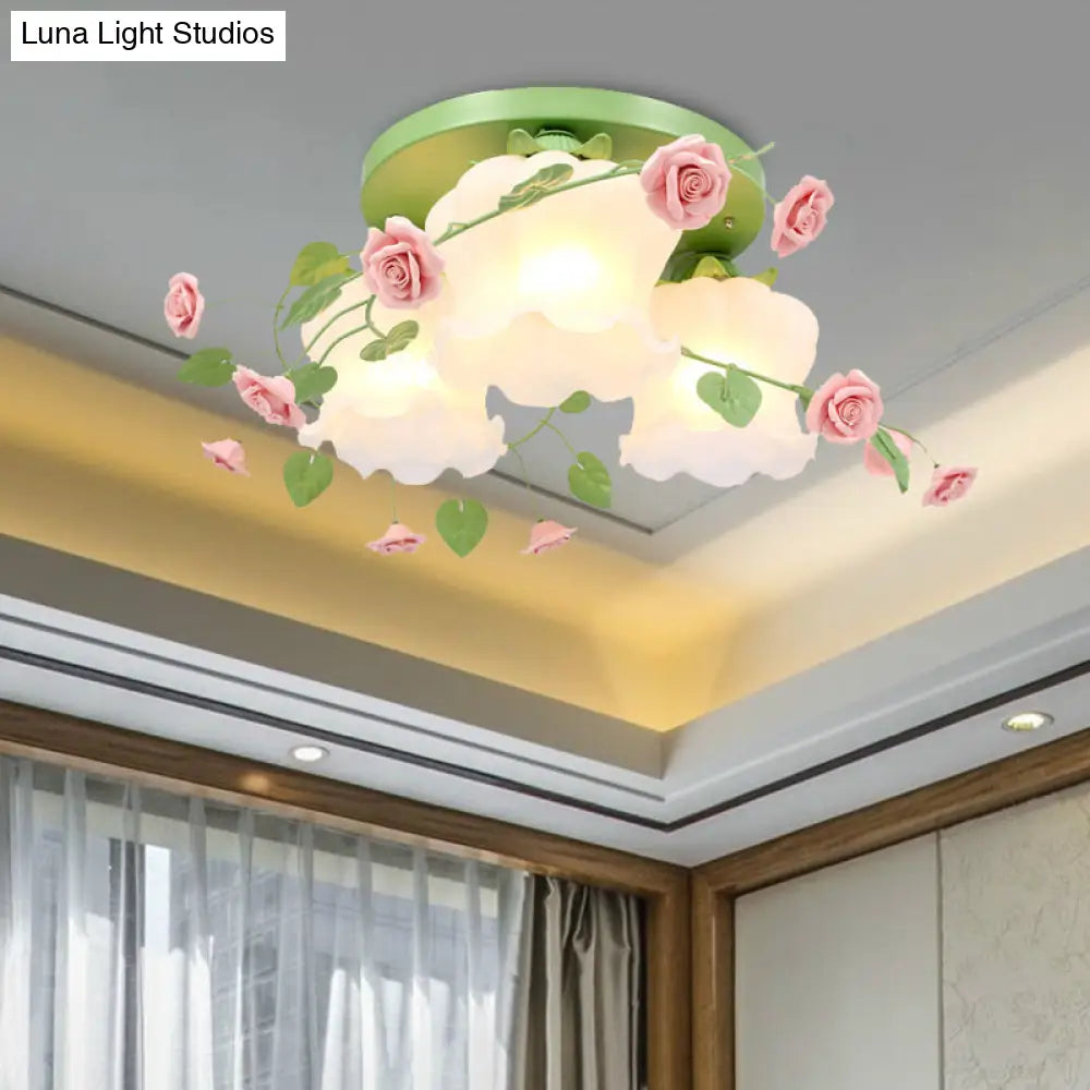 DecorBites™ DecorBites™ Opal Glass Bloom Ceiling Light - Countryside 3-Head Flush Mount Fixture (White/Green)