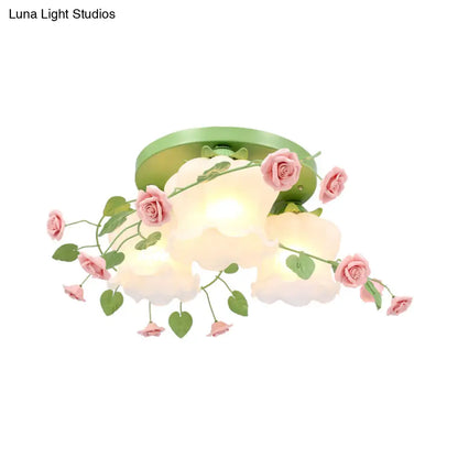 DecorBites™ DecorBites™ Opal Glass Bloom Ceiling Light - Countryside 3-Head Flush Mount Fixture (White/Green)