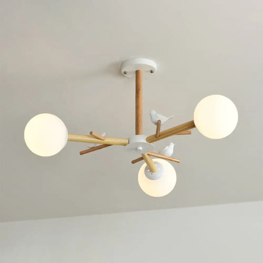 Lámpara de araña con globo de cristal opalino: Lámpara colgante moderna de madera para salón.