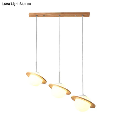 Opal Glass Globe Pendant Light with Wood Detail - 3 Heads for Contemporary Dining Room Ceiling