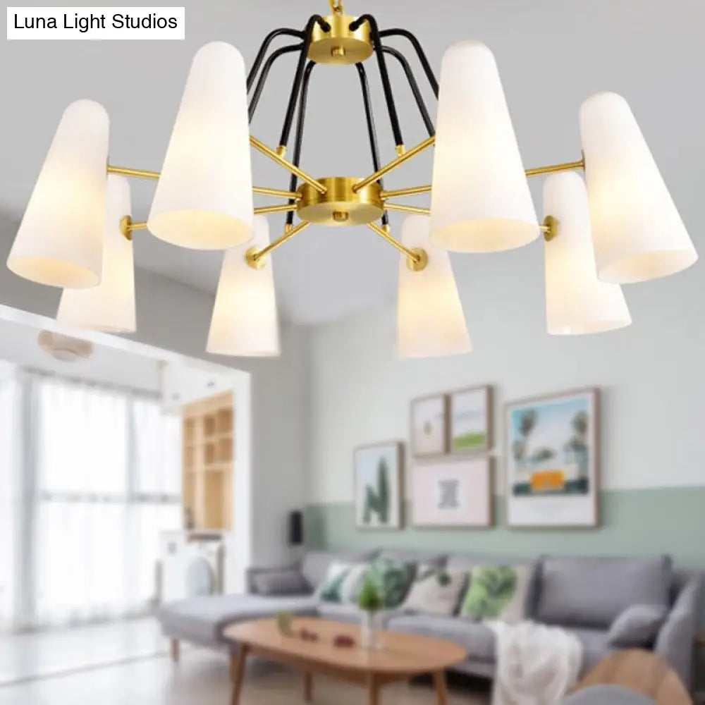 Lámpara colgante de cristal opalino: Diseño cónico posmoderno, 6 luces, candelabro dorado