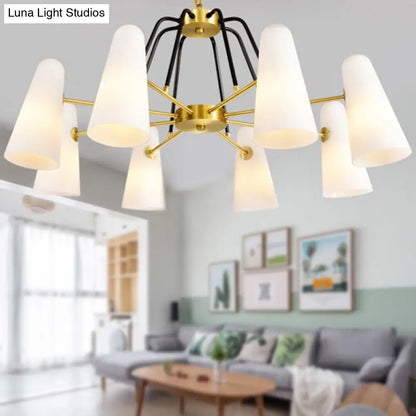 Lámpara colgante de cristal opalino: Diseño cónico posmoderno, 6 luces, candelabro dorado