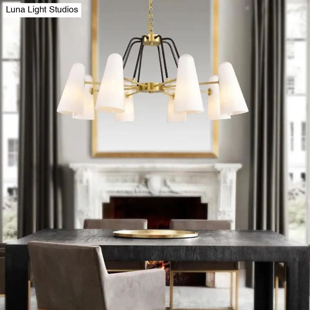 Lámpara colgante de cristal opalino: Diseño cónico posmoderno, 6 luces, candelabro dorado