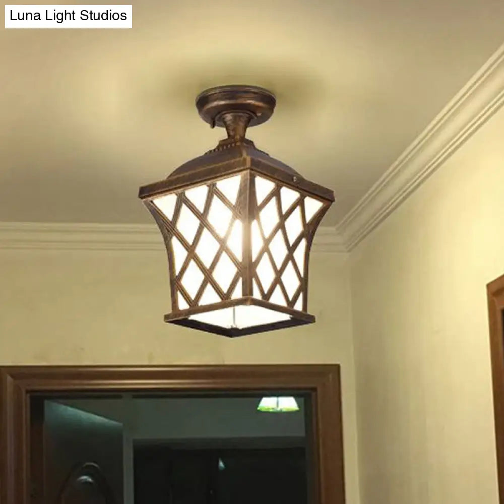 DecorBites™ DecorBites™ Opal Glass Lantern Semi Flush Mount Country Balcony Light in Black/Bronze - Metal X-Frame, 1 Light