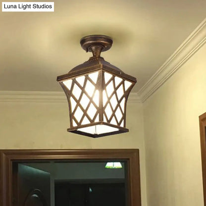 DecorBites™ DecorBites™ Opal Glass Lantern Semi Flush Mount Country Balcony Light in Black/Bronze - Metal X-Frame, 1 Light