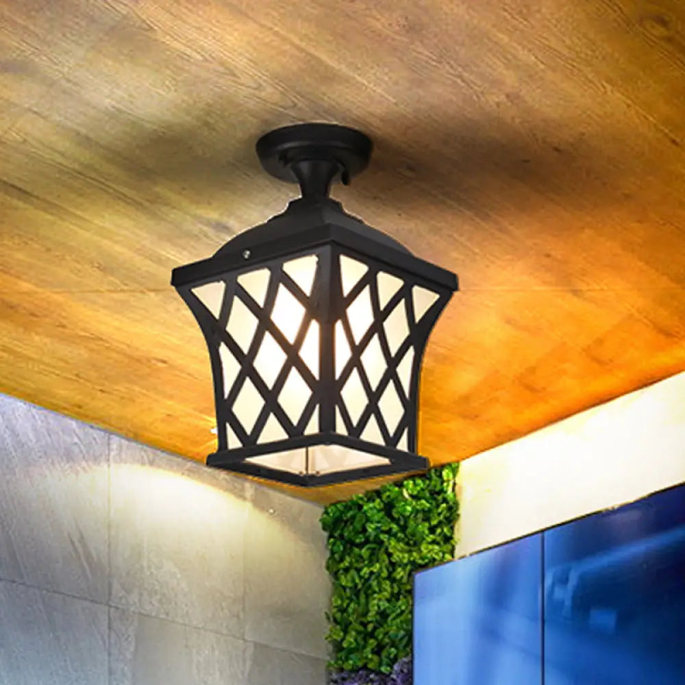 DecorBites™ DecorBites™ Opal Glass Lantern Semi Flush Mount Country Balcony Light in Black/Bronze - Metal X-Frame, 1 Light