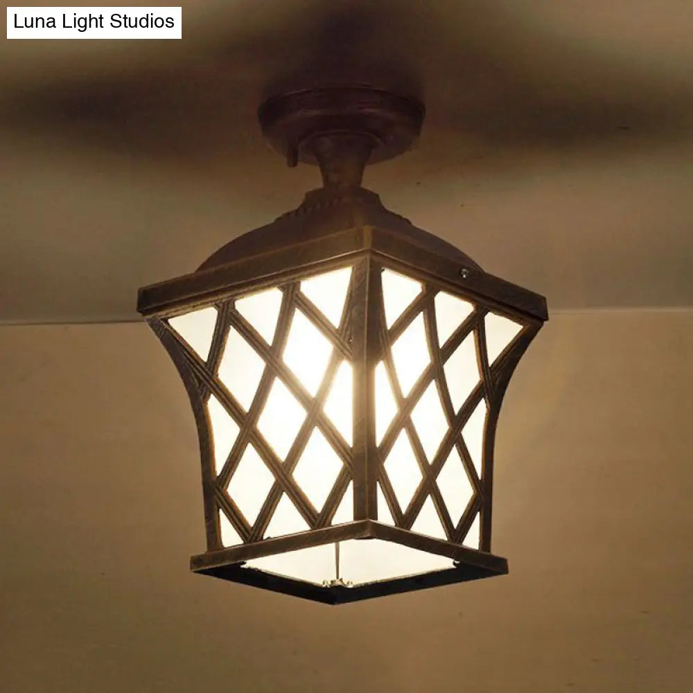 DecorBites™ DecorBites™ Opal Glass Lantern Semi Flush Mount Country Balcony Light in Black/Bronze - Metal X-Frame, 1 Light