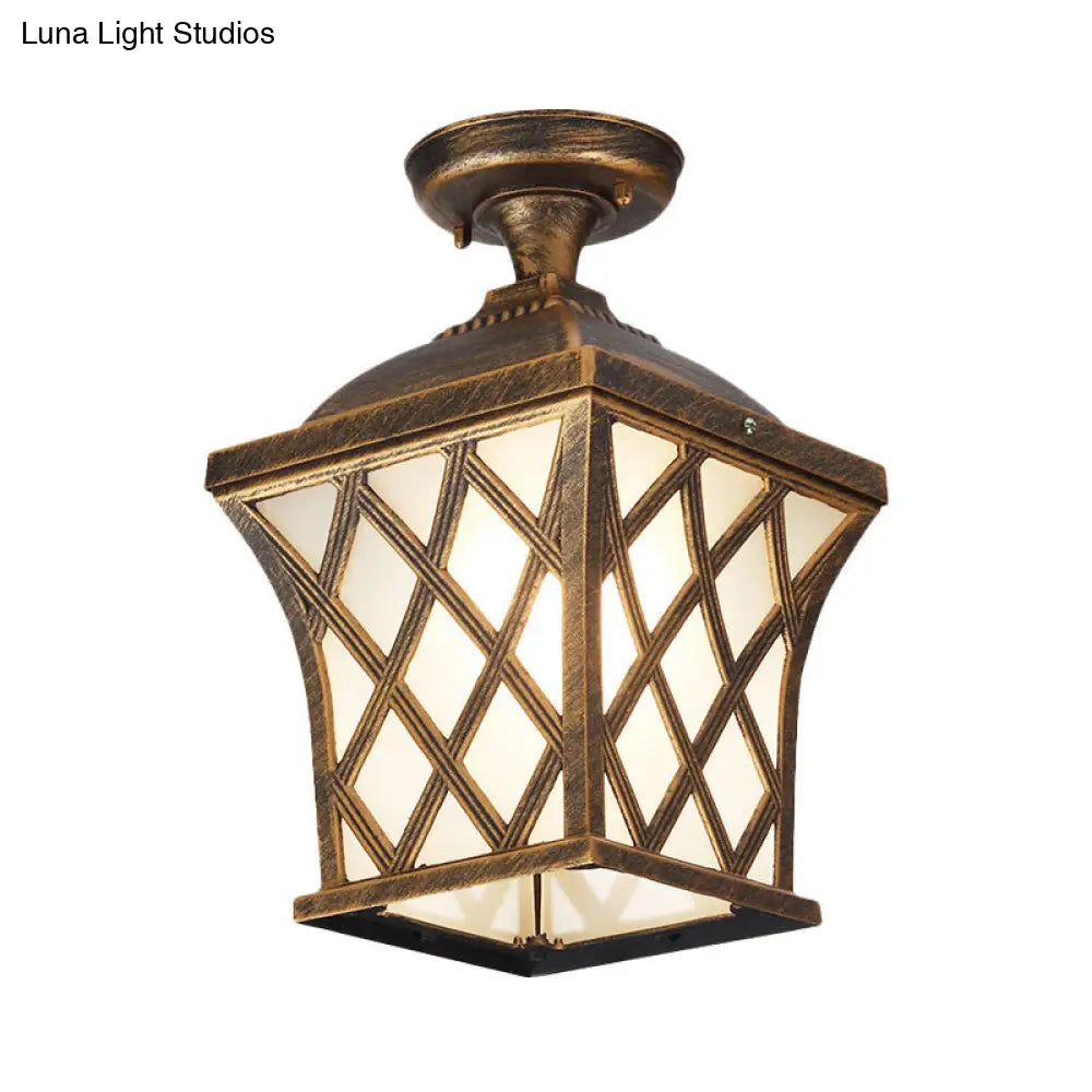 DecorBites™ DecorBites™ Opal Glass Lantern Semi Flush Mount Country Balcony Light in Black/Bronze - Metal X-Frame, 1 Light