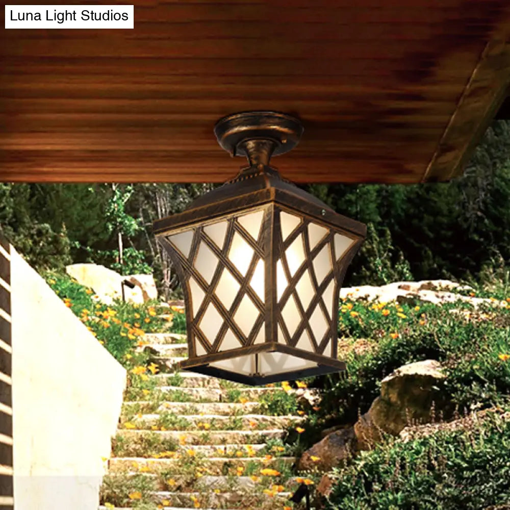 DecorBites™ DecorBites™ Opal Glass Lantern Semi Flush Mount Country Balcony Light in Black/Bronze - Metal X-Frame, 1 Light