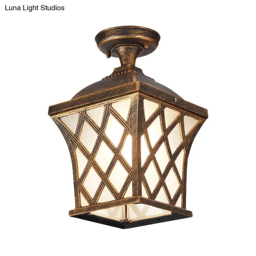 DecorBites™ DecorBites™ Opal Glass Lantern Semi Flush Mount Country Balcony Light in Black/Bronze - Metal X-Frame, 1 Light