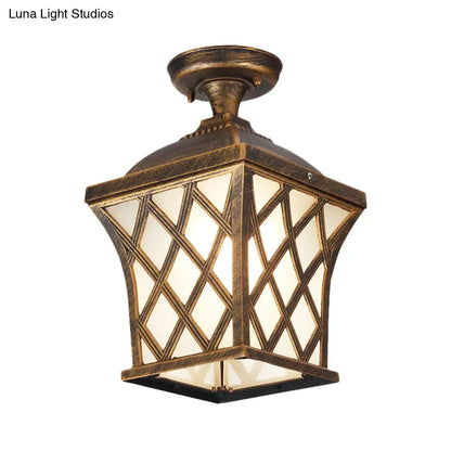 DecorBites™ DecorBites™ Opal Glass Lantern Semi Flush Mount Country Balcony Light in Black/Bronze - Metal X-Frame, 1 Light
