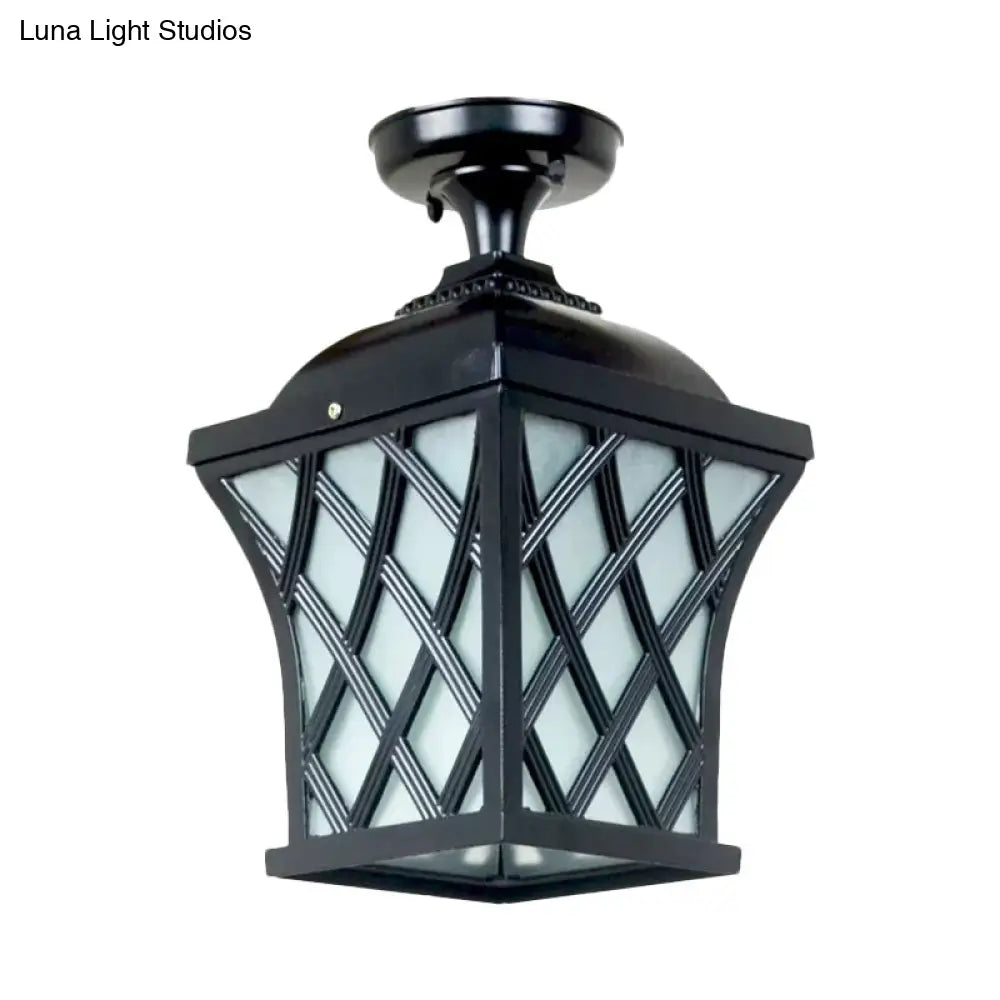 DecorBites™ DecorBites™ Opal Glass Lantern Semi Flush Mount Country Balcony Light in Black/Bronze - Metal X-Frame, 1 Light