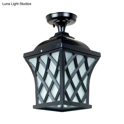 DecorBites™ DecorBites™ Opal Glass Lantern Semi Flush Mount Country Balcony Light in Black/Bronze - Metal X-Frame, 1 Light