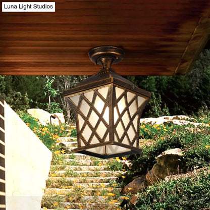 DecorBites™ DecorBites™ Opal Glass Lantern Semi Flush Mount Country Balcony Light in Black/Bronze - Metal X-Frame, 1 Light